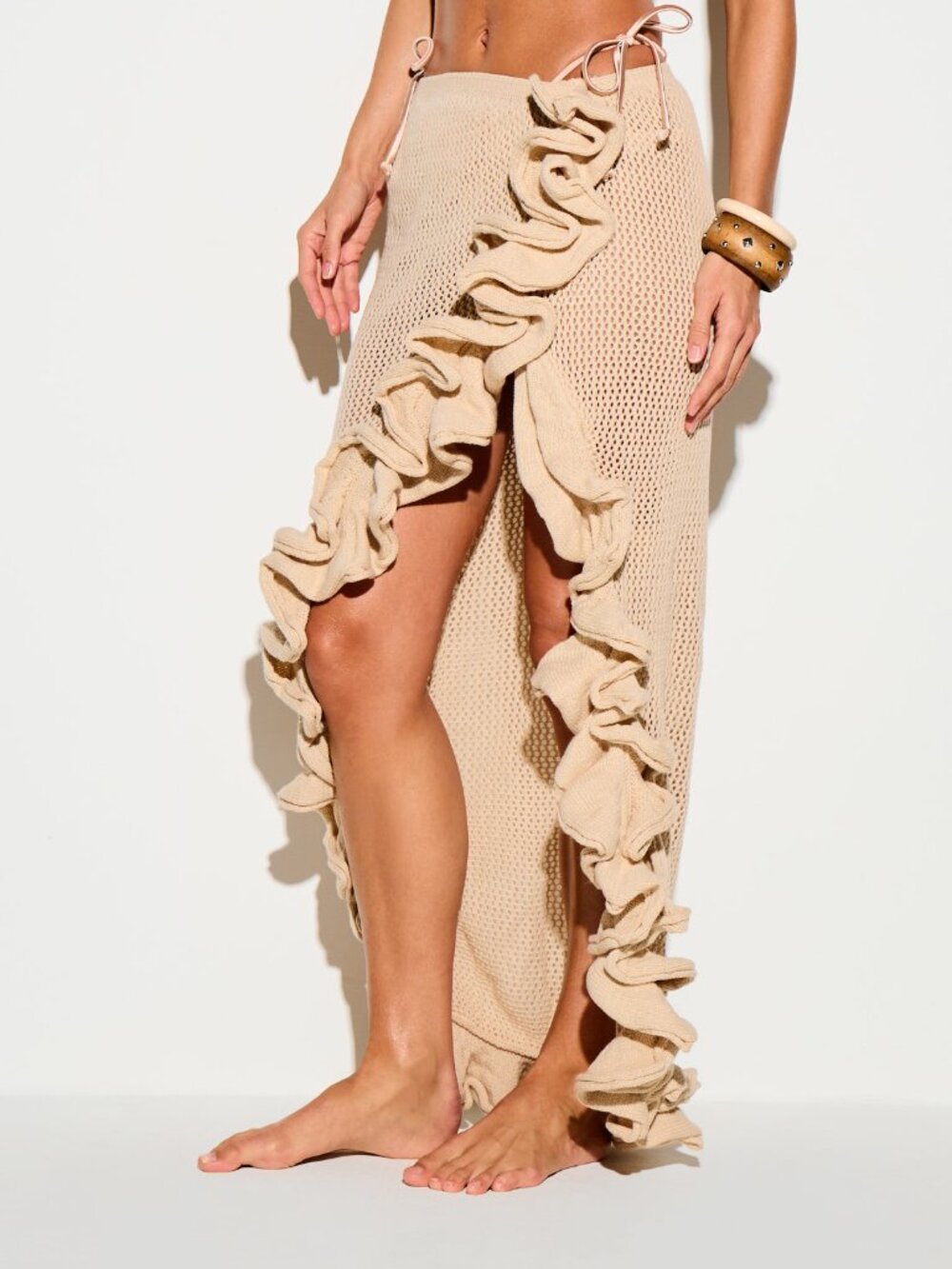 Apricot Mesh Women's Front Split Tie Waist Beach Cover-Up Maxi Skirt - Picture 6 of 6